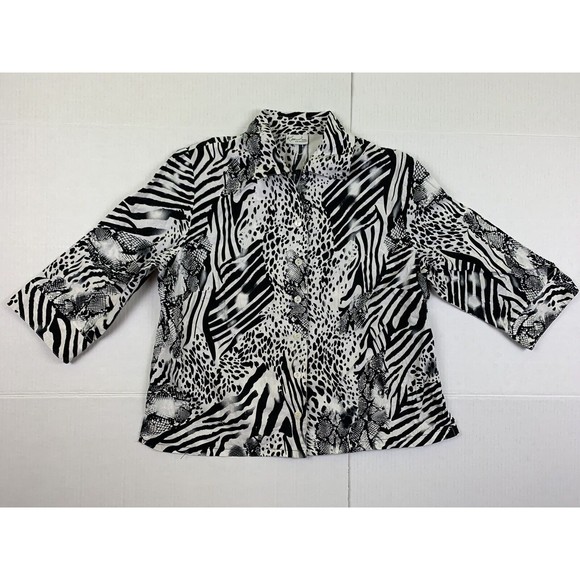 Kim Rogers Womens 10P 3/4 Sleeve Button up Blouse Shirt Top Embroidered Black Wh - Picture 1 of 12